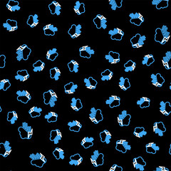 Line Cloud with rain and lightning icon isolated seamless pattern on black background. Rain cloud precipitation with rain drops.Weather icon of storm. Vector