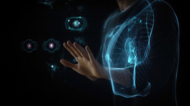 Docotr hands holding a digital screen with human body. Generative AI