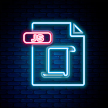 Glowing neon line JS file document. Download js button icon isolated on brick wall background. JS file symbol. Colorful outline concept. Vector