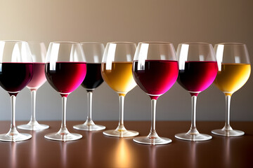 Various shades of Rose wine in stemmed glasses placed in line from light to dark colour, white wall background behind, copy space. Wine bar, wine shop, wine tasting ... See More