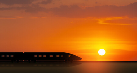 Fototapeta na wymiar High speed train silhouette in motion at sunset. Fast moving modern passenger train on railway platform.