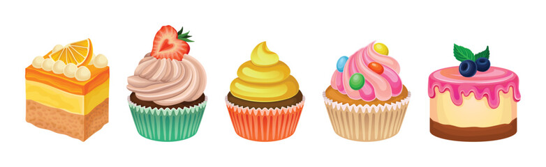Layered Cake Pieces with Cream and Berry Vector Set
