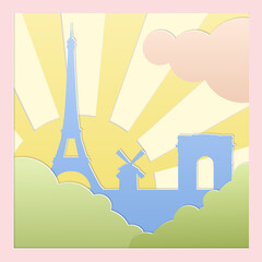 Vector Paris silhouettes of the eiffel tower, arch and red windmill against the backdrop of the sun retro style flat with shadows applique made of cardboard