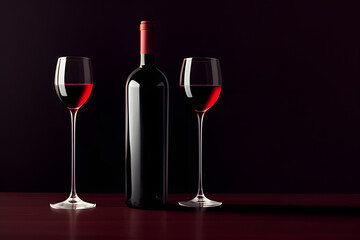 Glass and bottle of red wine on a black background.