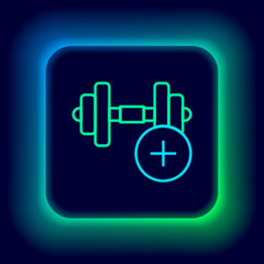 Glowing neon line Dumbbell icon isolated on black background. Muscle lifting, fitness barbell, sports equipment. Colorful outline concept. Vector