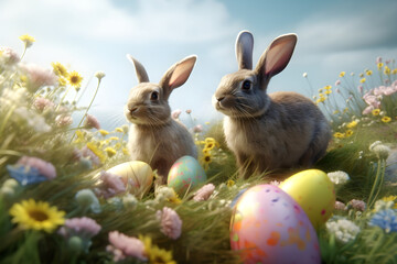 Cute Bunnies, Colorful Flowers, and Easter Eggs. Generative AI