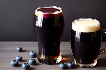 Blueberry craft beer stout in a glass on a dark background with berries