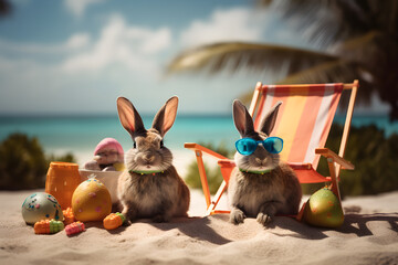 Bunny Paradise on the Beach and Easter Eggs. Generative AI