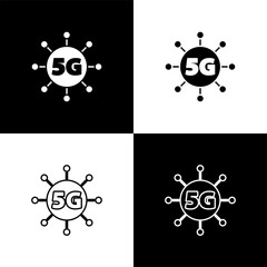 Set 5G new wireless internet wifi connection icon isolated on black and white background. Global network high speed connection data rate technology. Vector