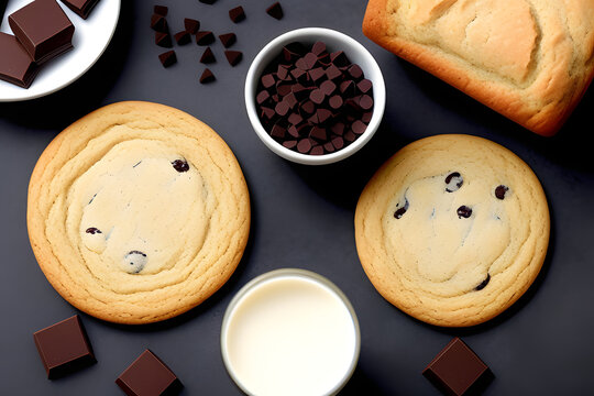 Milk and cookies meals bakery on black color table background, concept sweet, chocolate, morning, breakfast, malt, barley, cereal grain