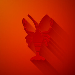 Paper cut Lobster icon isolated on red background. Paper art style. Vector