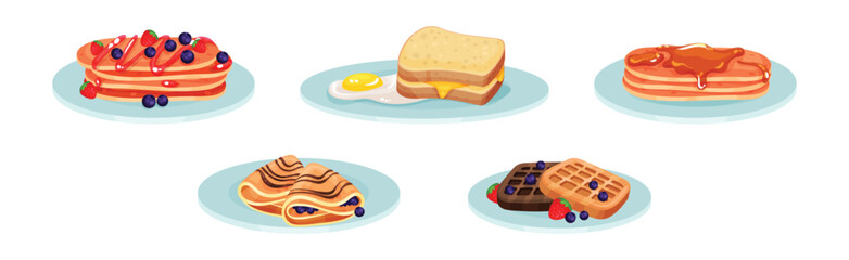 Appetizing and Tasty Breakfast Served Meal and Food Vector Set