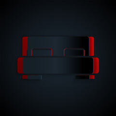 Paper cut Big bed for two or one person icon isolated on black background. Paper art style. Vector