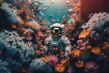 astronaut, floating among sea of blooming flowers, on journey to unknown planet, created with generative ai