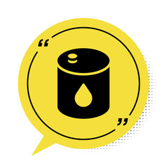 Black Barrel oil icon isolated on white background. Yellow speech bubble symbol. Vector