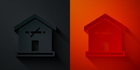 Paper cut No smoking at home icon isolated on black and red background. Area no smoking house. Paper art style. Vector
