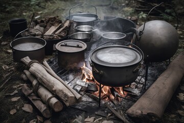 campfire surrounded by cooking pots and pans, ready for a hot meal, created with generative ai