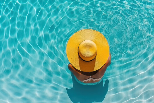 A woman with a yellow hat in a swimming pool. Generative AI