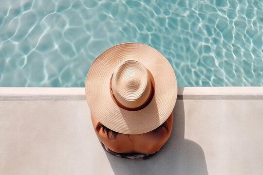 Anonymous woman sitting on the edge of a pool. Generative AI