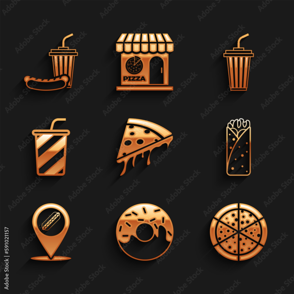 Sticker Set Slice of pizza, Donut, Pizza, Burrito, Location with hotdog, Glass water, and Soda and icon. Vector