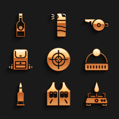Set Target sport, Hunting jacket, Camping gas stove, Winter hat, Bullet, Hiking backpack, Whistle and Bottle of vodka icon. Vector