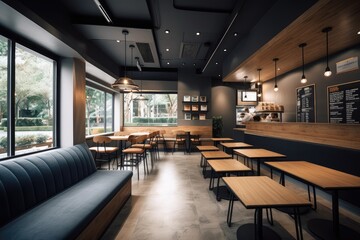 fast food restaurant with modern decor and clean lines, featuring sleek furniture and minimalist design, created with generative ai