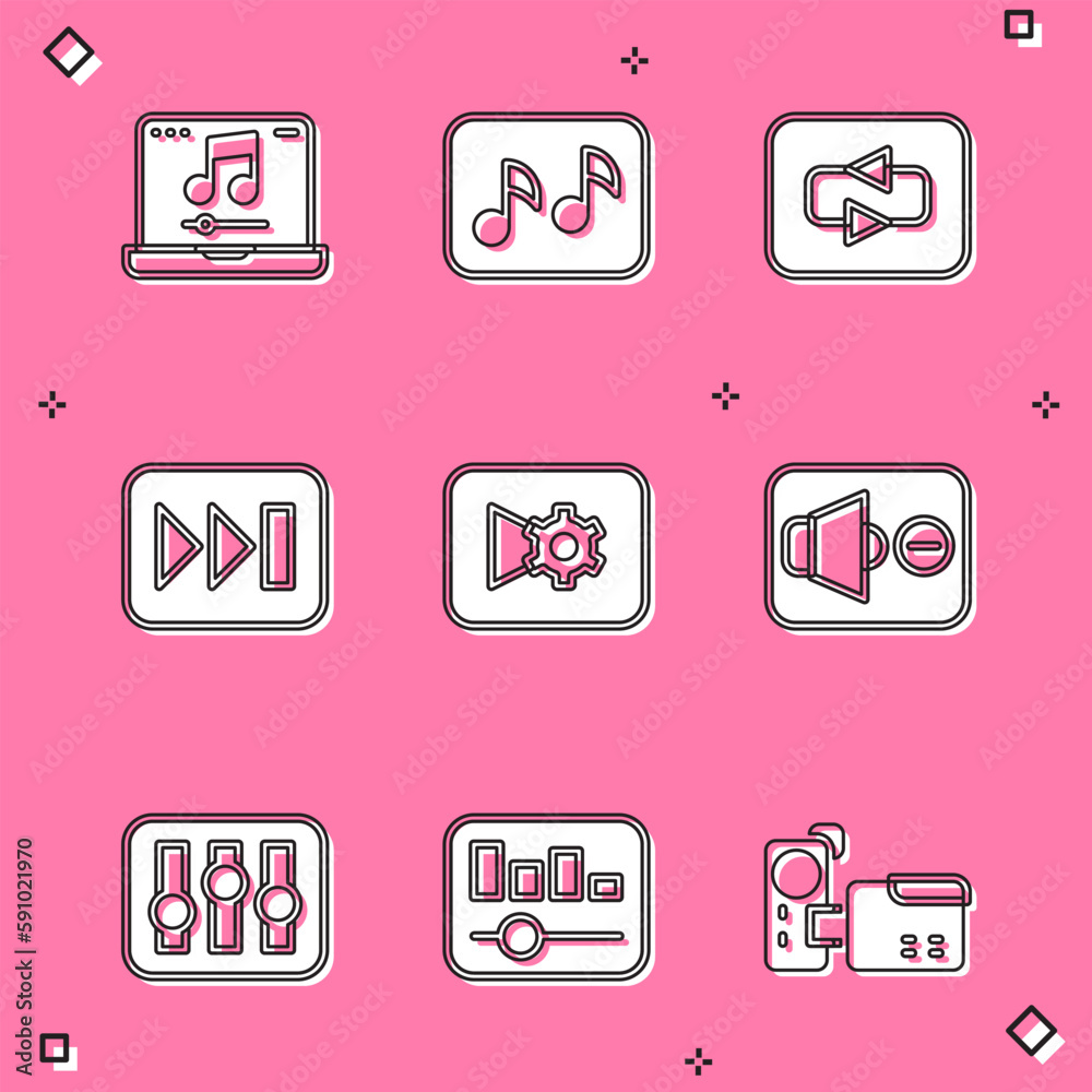 Sticker set laptop with music, music note, tone, repeat button, fast forward, video settings, speaker mute, 