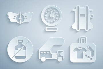 Set Passenger ladder, Parachute, No alcohol, Suitcase, Clock and Aviation emblem icon. Vector