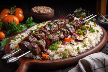 grilled beef shishkabob, served on bed of fluffy rice, with vegetables and herbs, created with generative ai