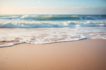 Fototapeta na wymiar Foamy Ocean Wave on Sandy Shore, Serene Beach Background, Generative AI