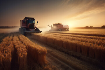 Fototapeta premium Farm themed image, showcasing a tractor collecting wheat in the field. Generative AI