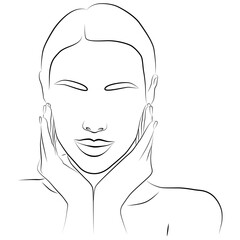 The concept of female beauty, minimalistic style. One line drawing an abstract female face with a vector illustration of hands. Stylized female face in modern one-line art.