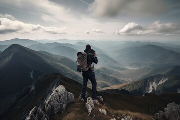 hiker, with backpack and camera, capturing stunning view of mountain range, created with generative ai