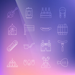 Set line Chicken leg, Sausage on the fork, Wooden barrel, Pack of beer bottles, National Germany flag, Farm House, Violin and Hotdog sandwich icon. Vector