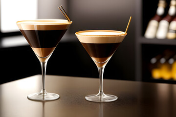 espresso martini cocktail in glass served under rubber holder