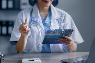 Medicine doctor touching on digital tablet and hologram modern virtual screen interface icons, Medical technology and futuristic concept.