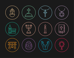 Set line Rosary beads religion, Holy bible book, Christian cross chain, Hanukkah menorah, Church building, Ramadan Kareem lantern, Burning candle and Tombstone with icon. Vector