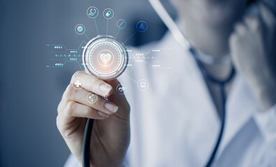 Medicine doctor touching on digital tablet and hologram modern virtual screen interface icons, Medical technology and futuristic concept.
