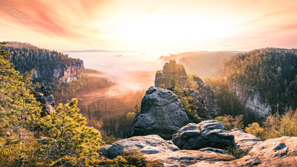Fototapeta premium Nebliger Sonnenaufgang in der Sächsischen Schweiz. 