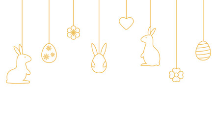 Easter banner with gold hanging baubles. Happy Holiday background with bunny, eggs, flowers, hearts line art icons. Spring pattern. Festive cartoon border. Greeting card frame. Vector illustration