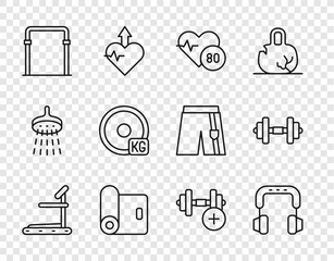 Set line Treadmill machine, Headphones, Heart rate, Fitness mat roll, Sport horizontal bar, Weight plate, Dumbbell and icon. Vector