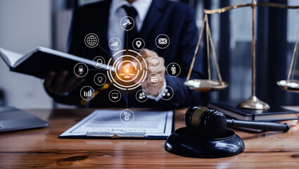 Concepts of Law and Legal services. Lawyer working with law interface icons.