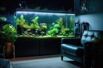 relaxing room with aquarium, fish swimming peacefully, and soft music in the background, created with generative ai