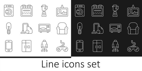 Set line Gamepad, Armchair, Blender, Vacuum cleaner, Light bulb, Washer, Microwave oven and Oven icon. Vector