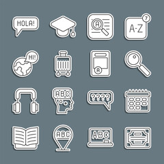 Set line Certificate template, School timetable, Magnifying glass, Translator, Suitcase, Learning foreign languages, Hola different and Exam sheet with A plus grade icon. Vector © vector_v