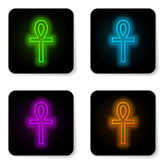 Obraz premium Glowing neon line Cross ankh icon isolated on white background. Black square button. Vector