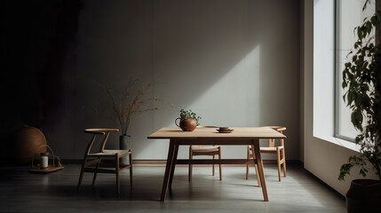 Harmony in white and wood: a minimalist dining room from China. Zen atmosphere meets Chinese design with natural materials and stylish reduction and simple elegance. - Generative AI