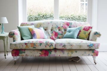 bright floral sofa in shabby chic living room, created with generative ai