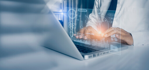 Medicine doctor touching on digital tablet and hologram modern virtual screen interface icons, Medical technology and futuristic concept.