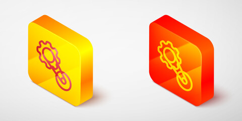 Isometric line Timing belt kit icon isolated on grey background. Yellow and orange square button. Vector